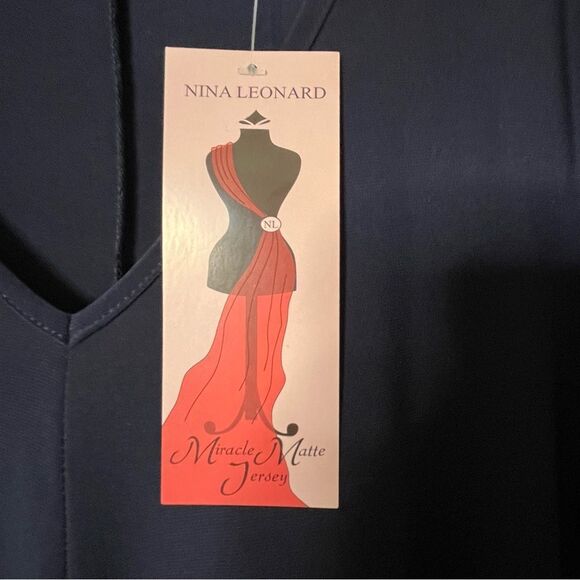 Nina Leonard Navy Blue Jersey V- neck Tunic Blouse with Chiffon Hem Size Small - Picture 5 of 8